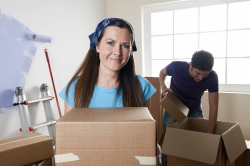 Packed moving boxes ready for transport with a man with van service